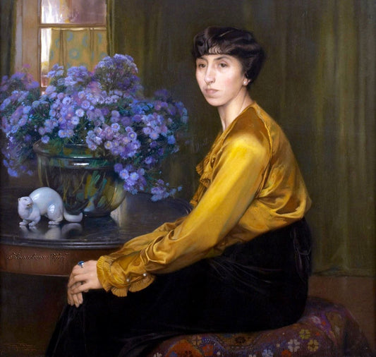 Elegant Lady with a Bouquet of Flowers, vintage artwork by Firmin Baes, 12x8" (A4) Poster