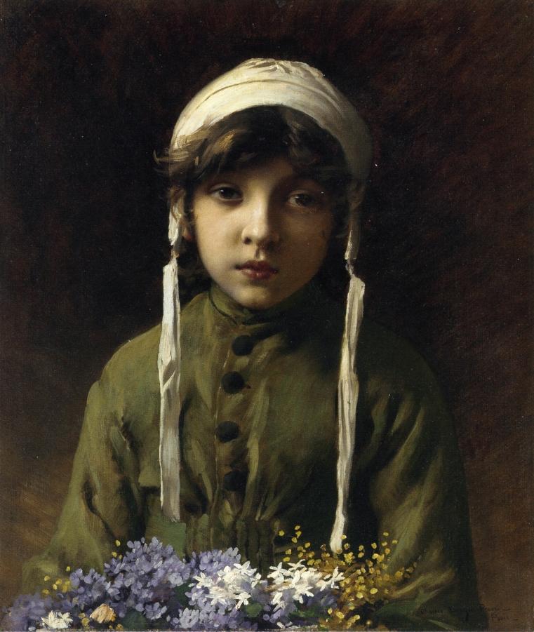 The Little Flower Girl, vintage artwork by Charles Sprague Pearce, 12x8" (A4) Poster