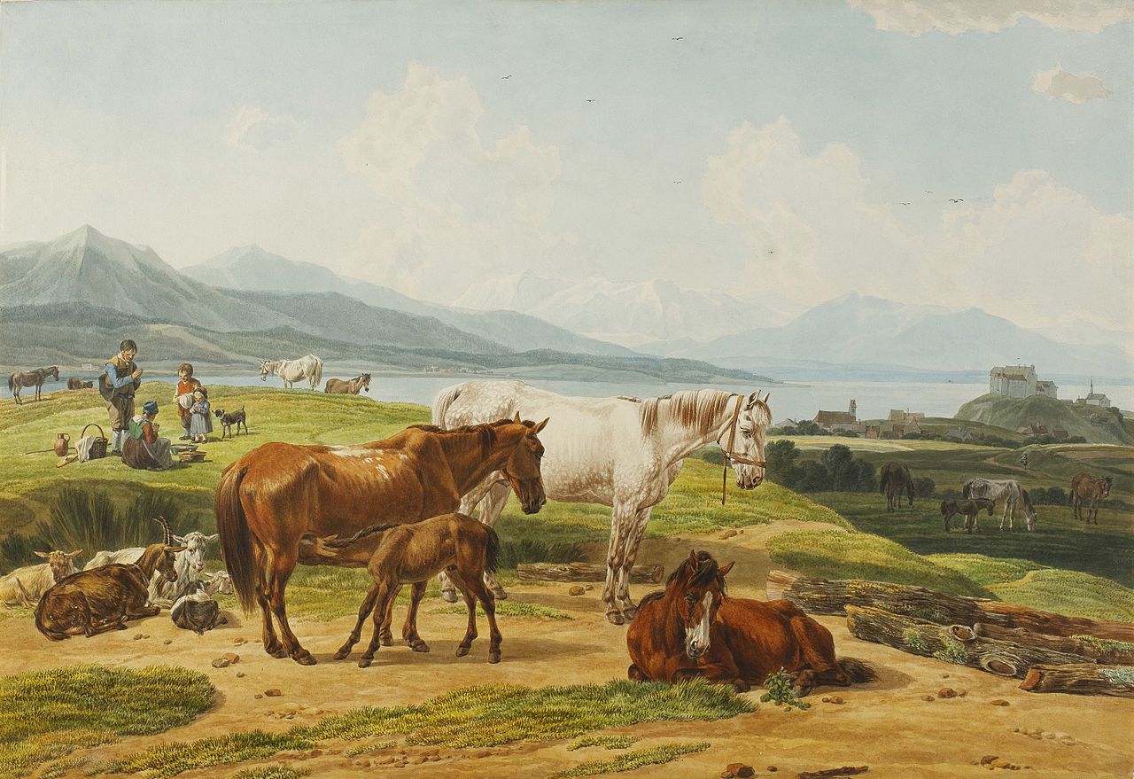 Alpine Lake and Pasture with Horses, vintage artwork by Wilhelm von Kobell, 12x8" (A4) Poster
