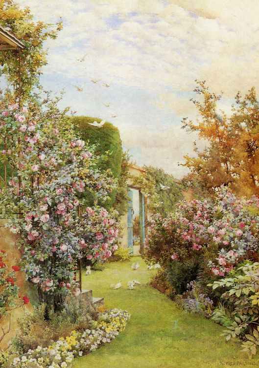 Garden With China Roses, vintage artwork by Alfred William Parsons, R.A., P.R.W.S., 12x8" (A4) Poster