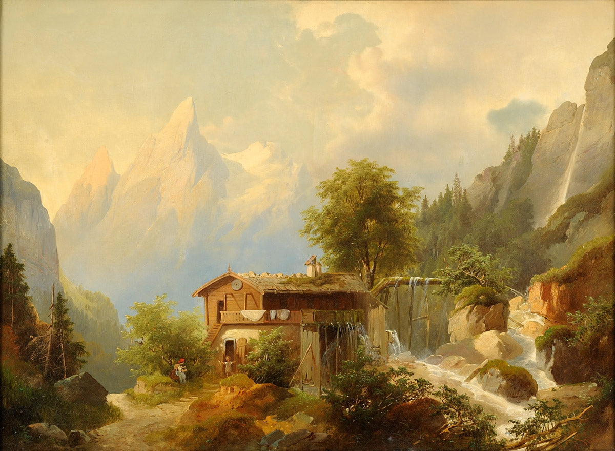 Watermill in the mountains, vintage artwork by Josef Thoma, 12x8" (A4) Poster
