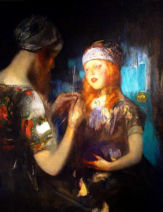 Knitting, Nora Ward and Kitty Shannon, vintage artwork by Sir James Jebusa Shannon, 12x8" (A4) Poster