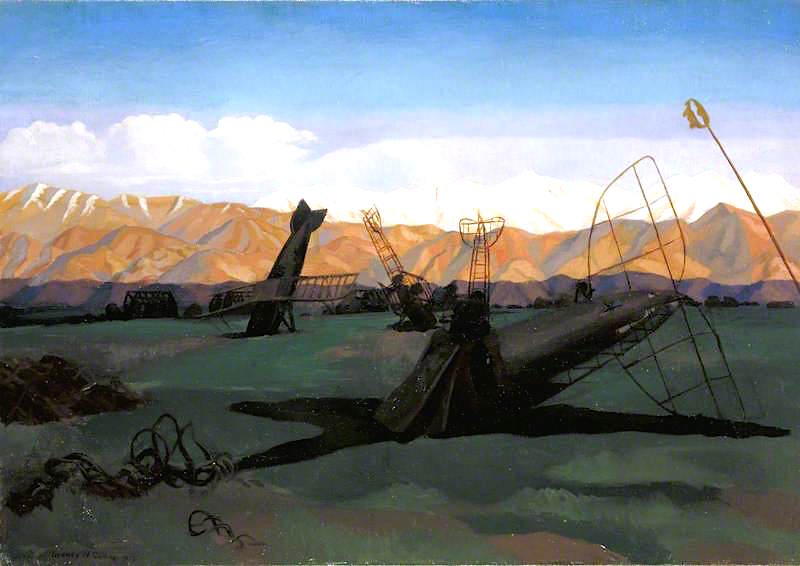 A Destroyed Turkish Aerodrome at Rayak, Lebanon, 1919, vintage artwork by Sydney William Carline, 12x8" (A4) Poster
