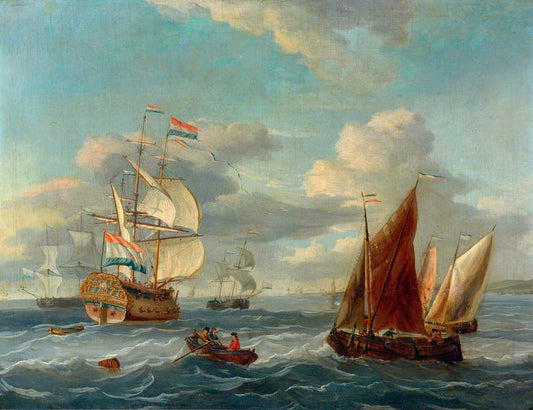 A Dutch Two-Decker and Other Vessels Offshore in a Choppy Sea, vintage artwork by Abraham Jansz. Storck, 12x8" (A4) Poster