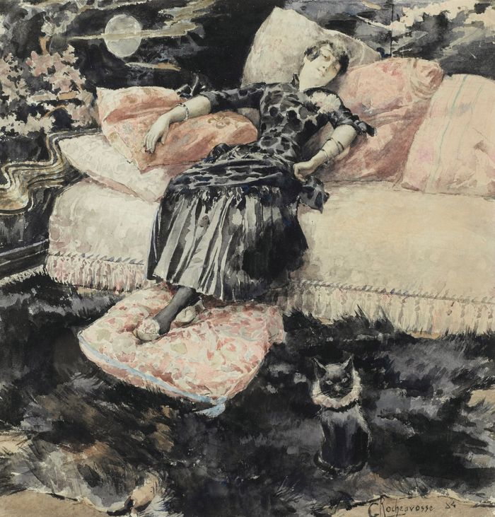 The Woman With A Cat, vintage artwork by Georges Antoine Rochegrosse, 12x8" (A4) Poster