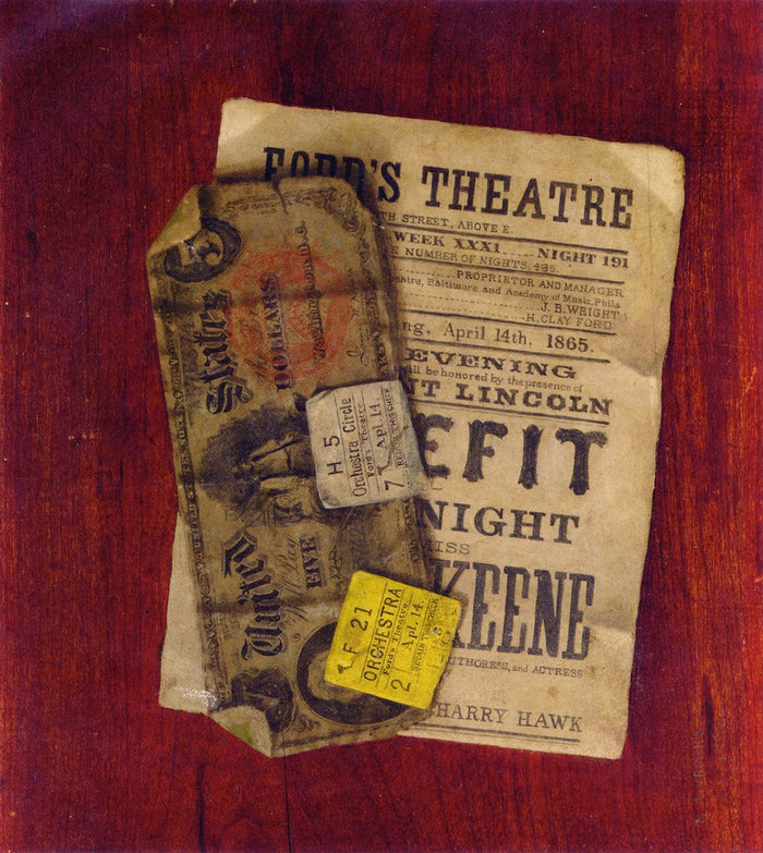 Five Dollar Bill, Program and Ticket Stubs from Ford's Theater, vintage artwork by Nicholas Alden Brooks, 12x8