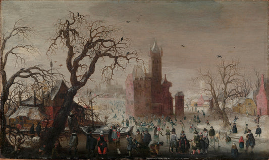 A Winter Landscape with Ice Skaters and an Imaginary Castle, vintage artwork by Christoffel van den Berghe, 12x8" (A4) Poster