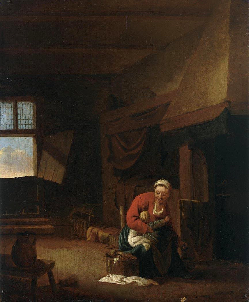 An Interior with a Mother Feeding her Child, vintage artwork by Jan Olis, 12x8" (A4) Poster