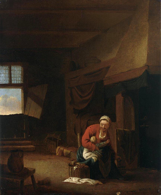 An Interior with a Mother Feeding her Child, vintage artwork by Jan Olis, 12x8" (A4) Poster