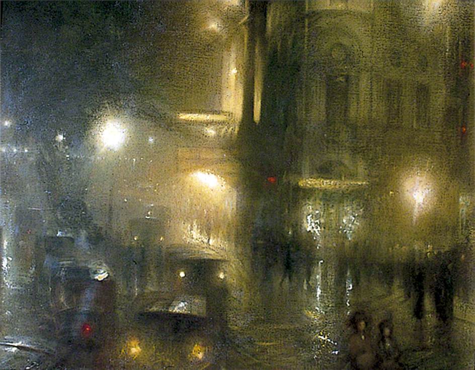 Flare and Flutter: Piccadilly Circus at Night, vintage artwork by Arthur Hacker, 12x8" (A4) Poster