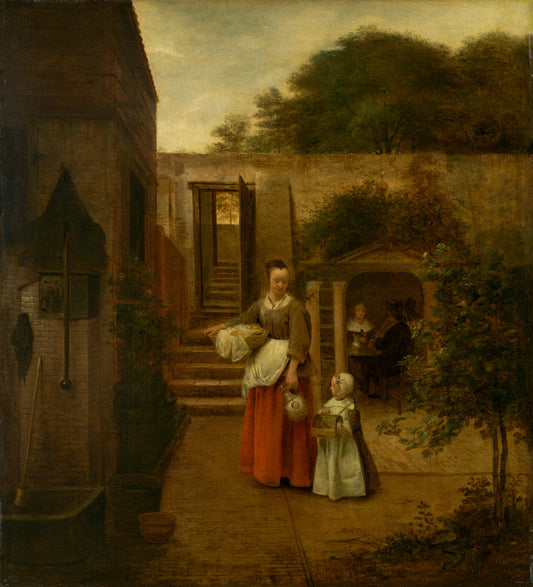 Woman and Child in a Courtyard, vintage artwork by Pieter de Hooch, 12x8" (A4) Poster