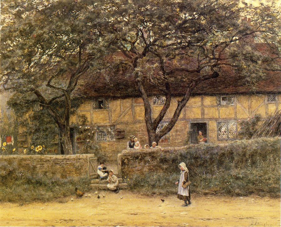 Children Outside a Cottage, vintage artwork by Helen Allingham, 12x8" (A4) Poster