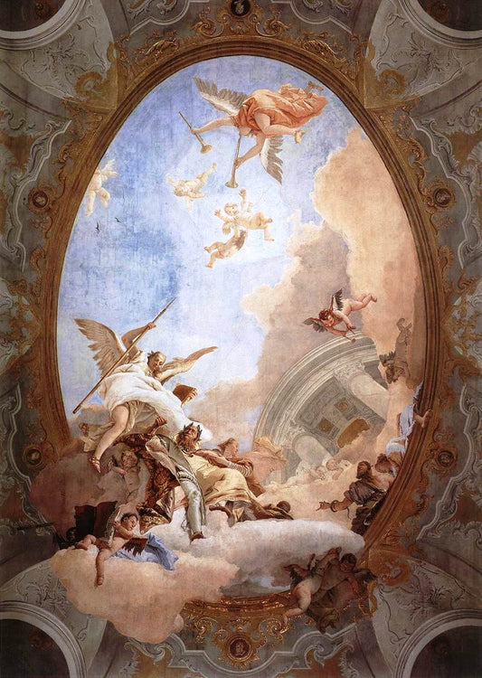 Allegory of Merit Accompanied by  Nobility and Virtue, vintage artwork by Giovanni Battista Tiepolo, 12x8" (A4) Poster