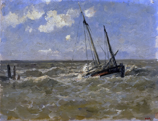 Boat Lost, Normandy, vintage artwork by Carlos de Haes, 12x8" (A4) Poster