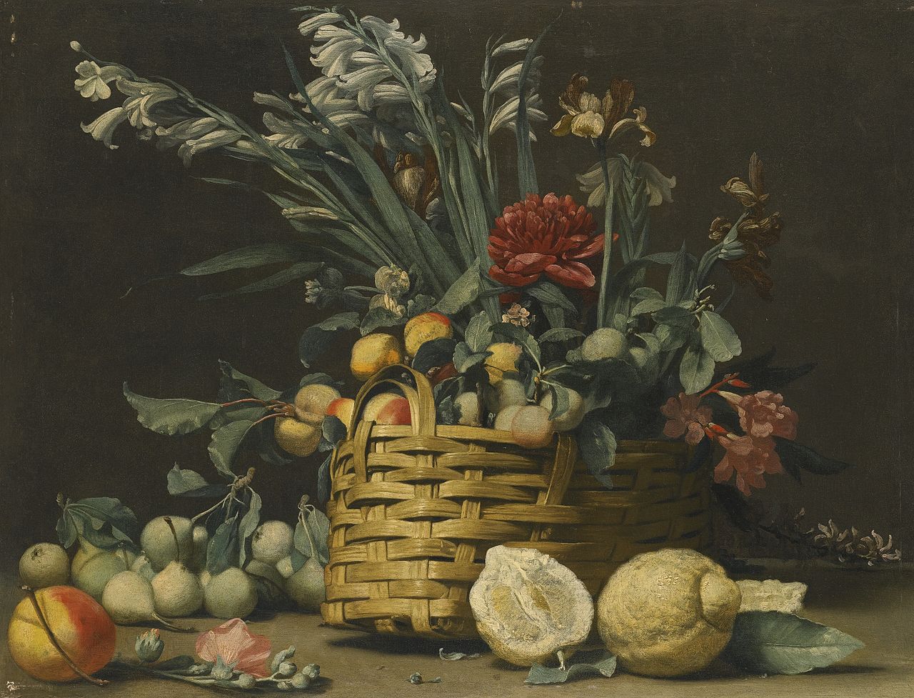 Still Life with Pears, Apples, Chrysanthemum and other Flowers in a Basket Beside Two Large Lemons, vintage artwork by Simon del Tintore, 12x8" (A4) Poster