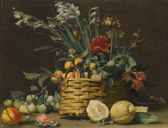 Still Life with Pears, Apples, Chrysanthemum and other Flowers in a Basket Beside Two Large Lemons, vintage artwork by Simon del Tintore, 12x8