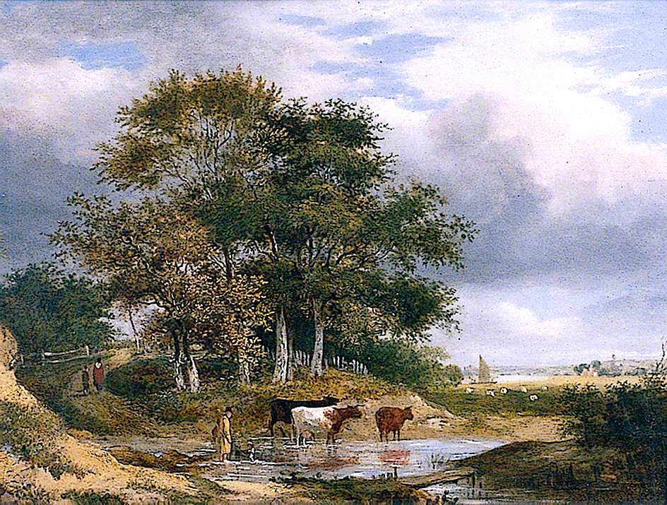 Landscape with Cows in a Pool by  a Clump of Trees, vintage artwork by Samuel David Colkett, A3 (16x12") Poster Print
