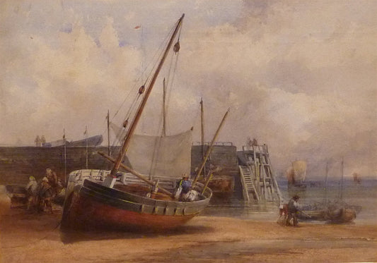 Fishing Boat by  the Quayside at Low Tide, vintage artwork by George Howse, A3 (16x12") Poster Print
