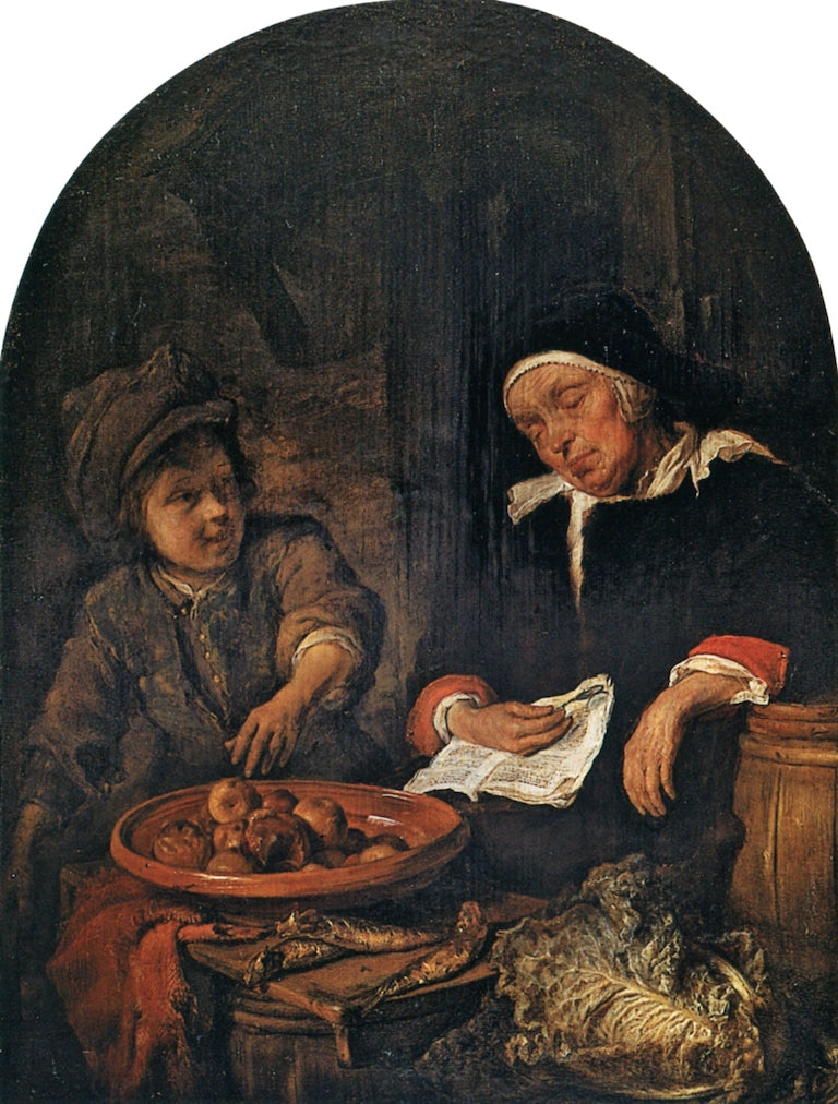 A Boy Stealing an Apple fro a Sleeping Vendor, vintage artwork by Gabriël Metsu, 12x8" (A4) Poster