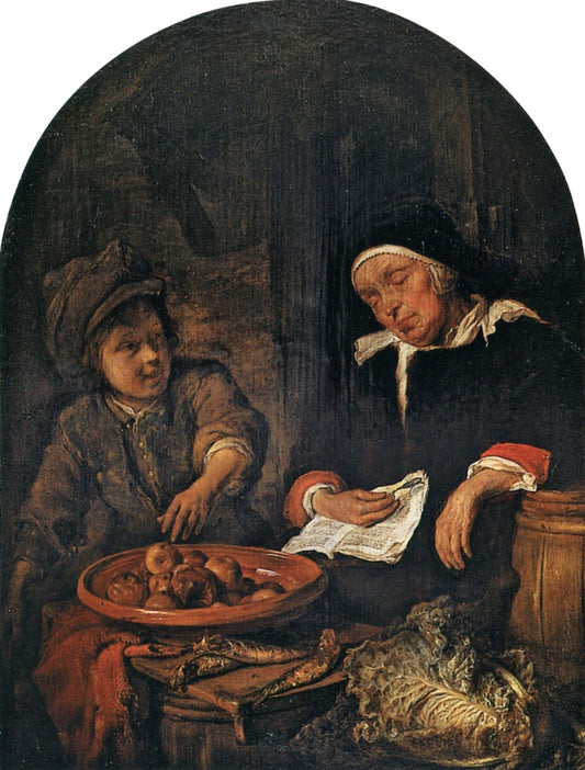 A Boy Stealing an Apple fro a Sleeping Vendor, vintage artwork by Gabriël Metsu, 12x8" (A4) Poster