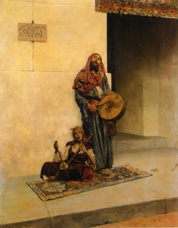 Street Musicians in a Middle Eastern Town, vintage artwork by Antonio Maria Fabres y Costa, 12x8" (A4) Poster