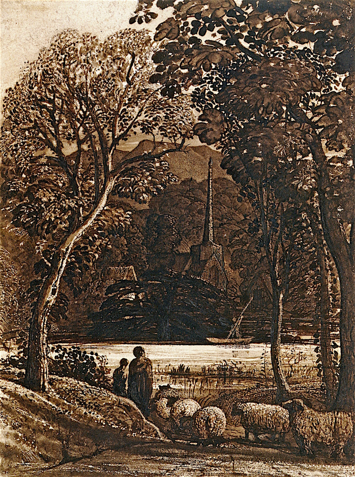A Church with a Boat and Sheep, vintage artwork by Samuel Palmer, A3 (16x12