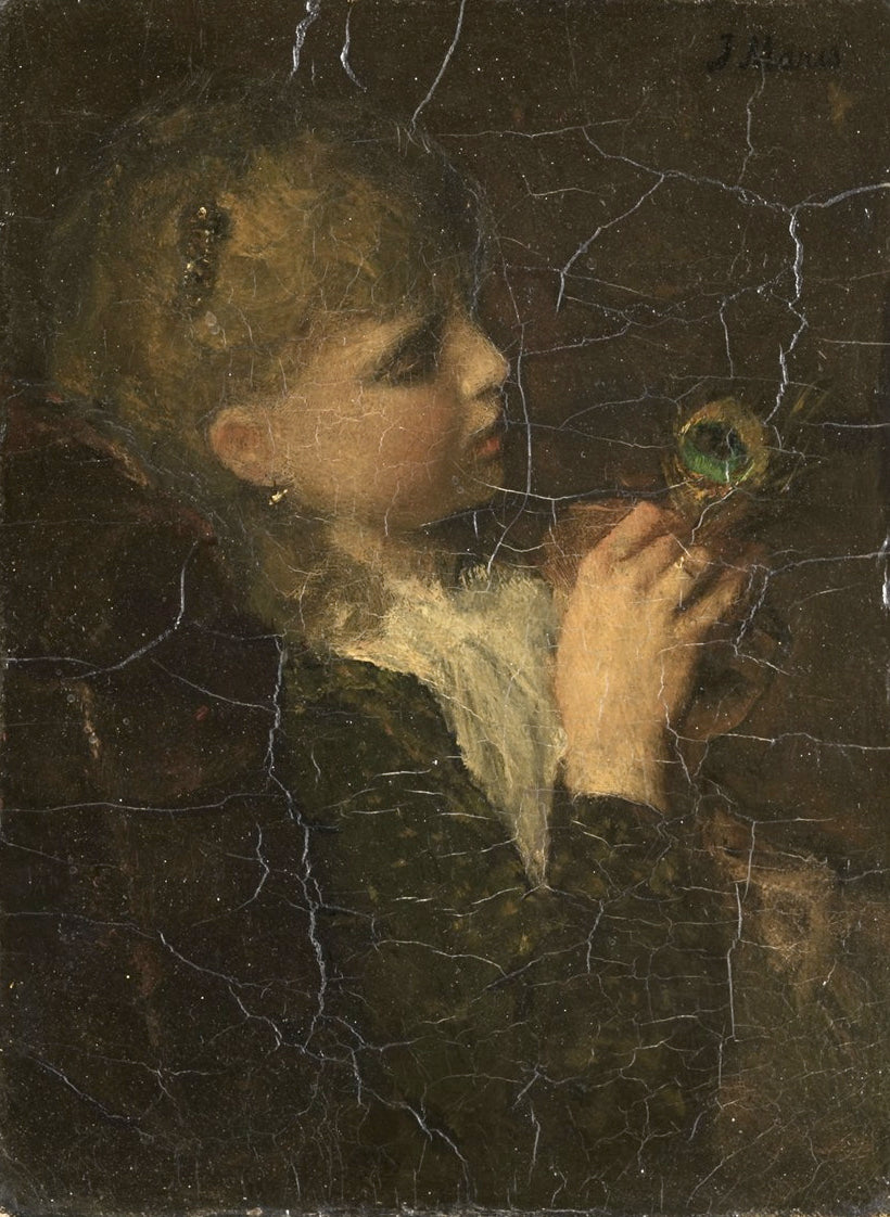 Meisje met pauwenveer, vintage artwork by Jacob Maris, 12x8" (A4) Poster