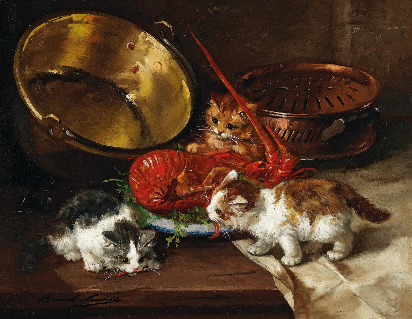 kittens and lobster by Alfred Brunel de Neuville,A3(16x12")Poster