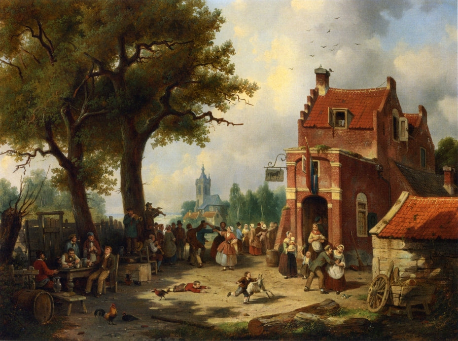 Festivities outside the Inn, vintage artwork by Jacques Francois Carabain, 12x8" (A4) Poster