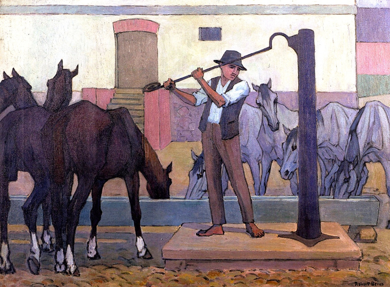 Watering Horses, Poland, vintage artwork by Robert Bevan, 12x8" (A4) Poster