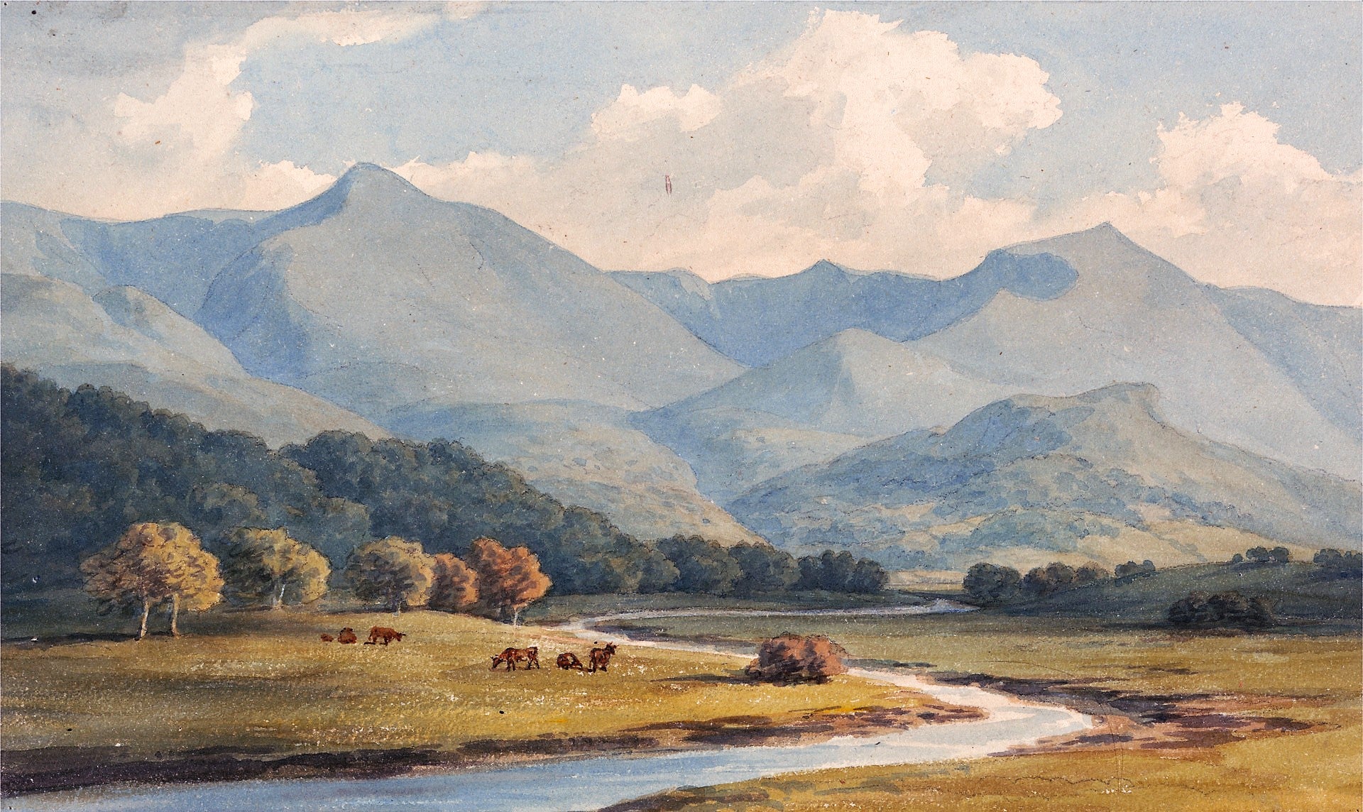 Carnedd Llewelyn and Carnedd David, Carnarvonshire, Seen Across the River Ogwen, vintage artwork by John Warwick Smith, 12x8" (A4) Poster