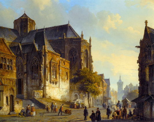 Figures on a Market Square in a Dutch Town, vintage artwork by Cornelis Springer, A3 (16x12") Poster Print