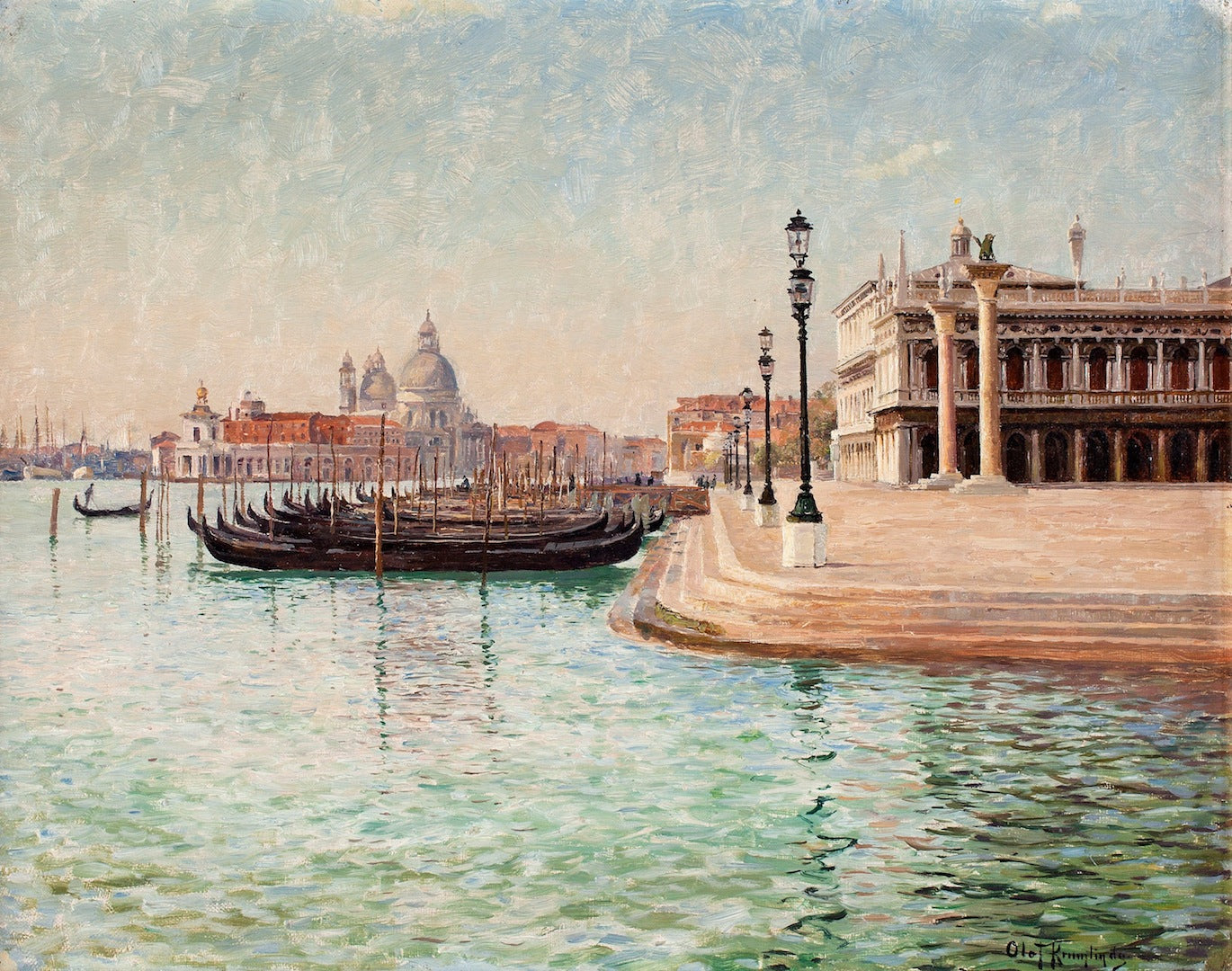 Gondolas near Piazzo San Marco, Venice, vintage artwork by Olaf Krumlinde, 12x8" (A4) Poster