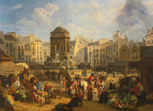 View of the Market and Fontaine des Innocents, Paris, vintage artwork by John James Chalon, 12x8" (A4) Poster