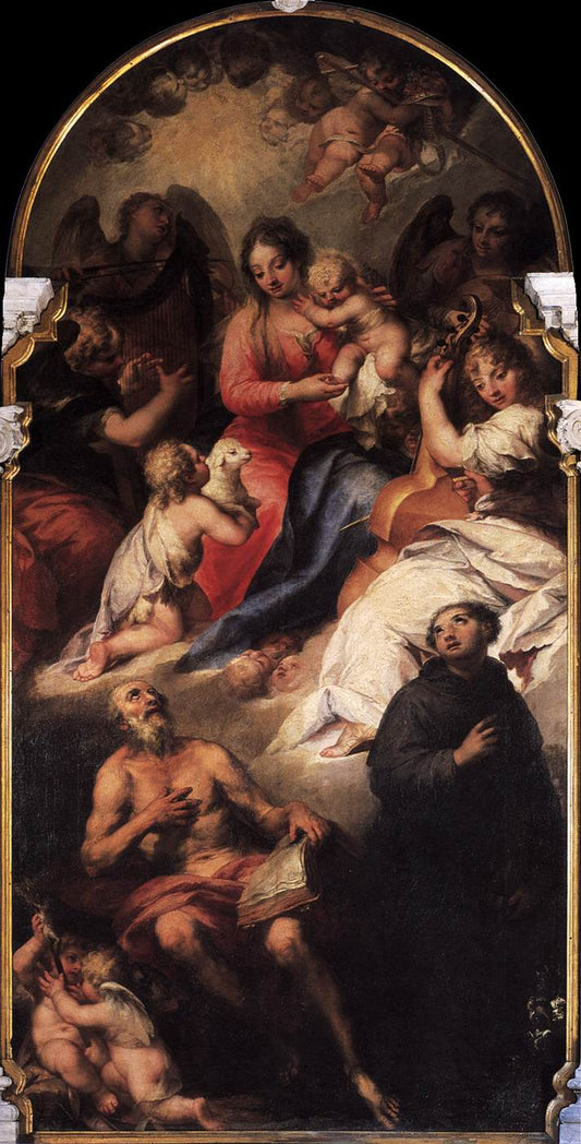 The Virgin and Child with the Infant St John Appearing to St Jerome and St Anthony, vintage artwork by Andrea Celesti, 12x8" (A4) Poster