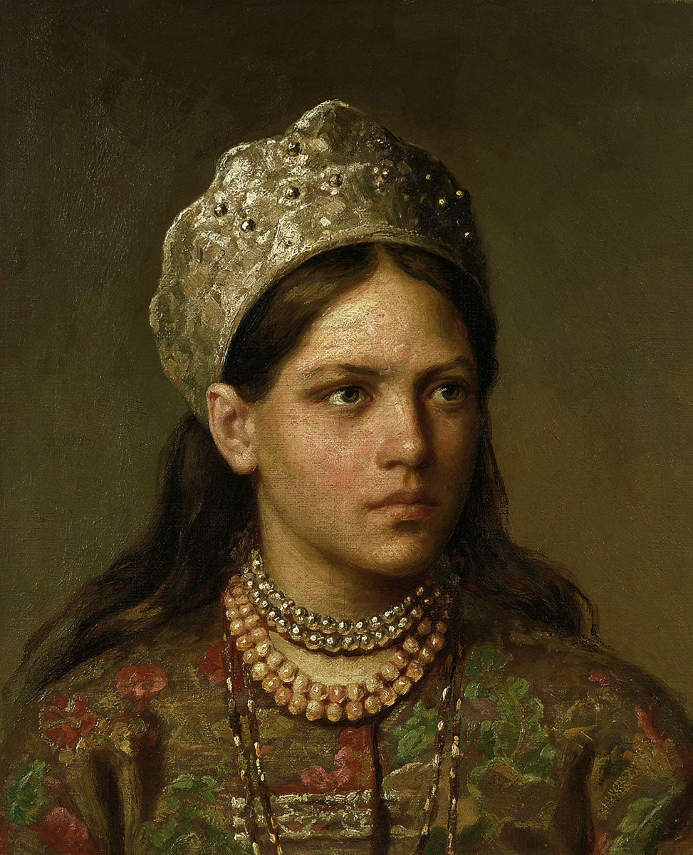 Girl in the Russian Costume, vintage artwork by Firs Sergeevich Zhuravlev, 12x8" (A4) Poster