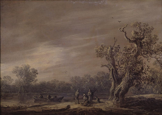 Fishermen at a Lakeside, vintage artwork by Jan van Goyen, 12x8" (A4) Poster