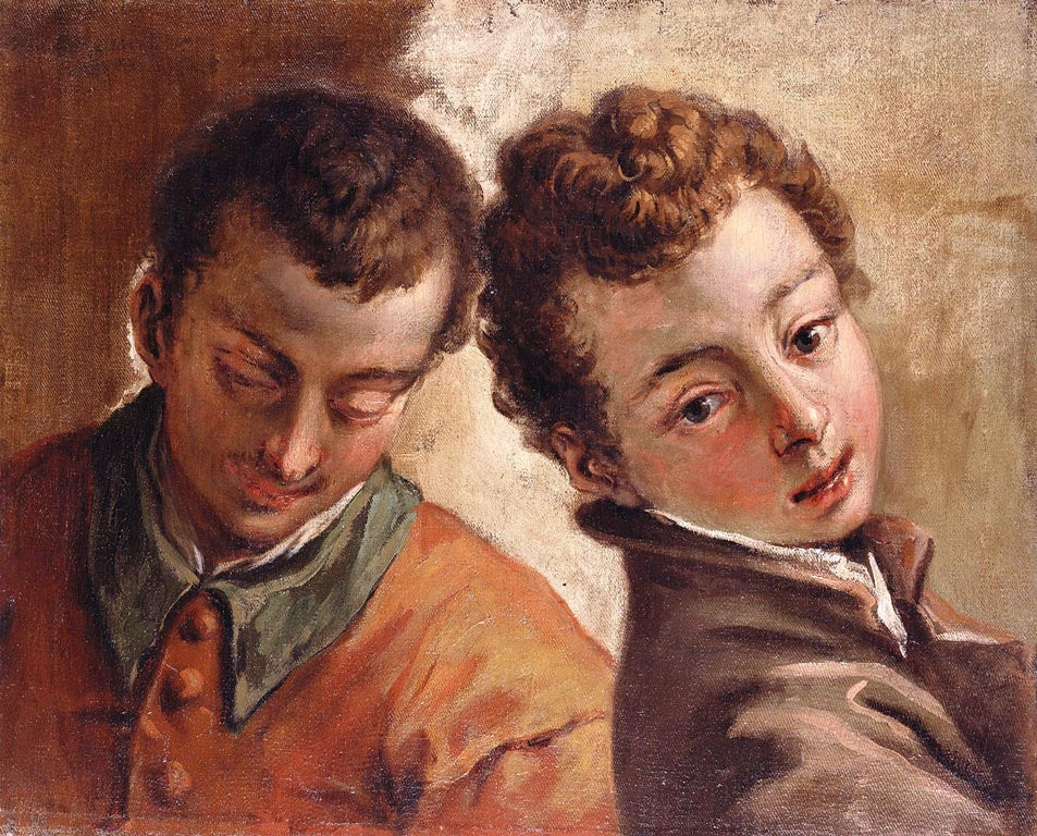 Juxtaposed Heads of a Young Man and a Boy, vintage artwork by Sebastiano Ricci, 12x8" (A4) Poster