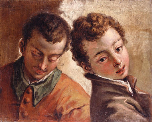 Juxtaposed Heads of a Young Man and a Boy, vintage artwork by Sebastiano Ricci, 12x8" (A4) Poster