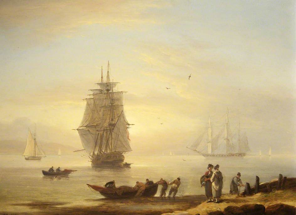 Men-o'-War and Figures on the Shore at Teignmouth, vintage artwork by Thomas Luny, 12x8" (A4) Poster