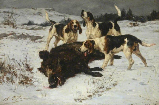 Hounds with a Boar, vintage artwork by Charles Olivier de Penne, 12x8" (A4) Poster
