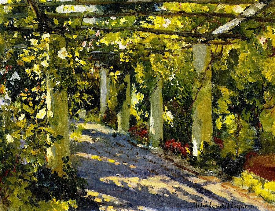 Sun Dapples Garden with Trellis, vintage artwork by Colin Campbell Cooper, 12x8" (A4) Poster