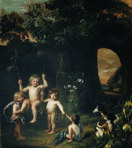 Children playing with a swing in a classical garden setting, vintage artwork by Nicolaes Maes, 12x8" (A4) Poster