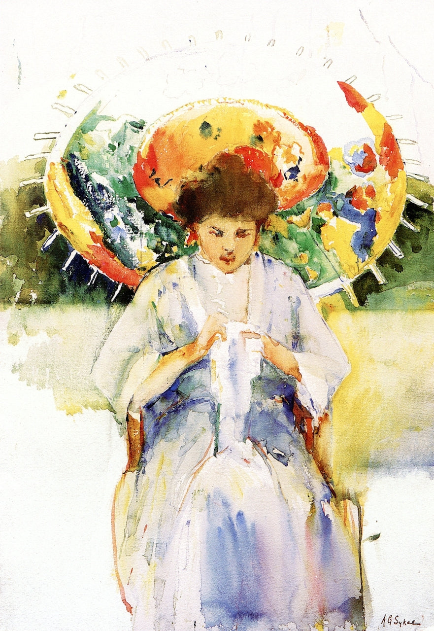 Sewing under a Japanese Umbrella by Annie G. Sykes,A3(16x12")Poster