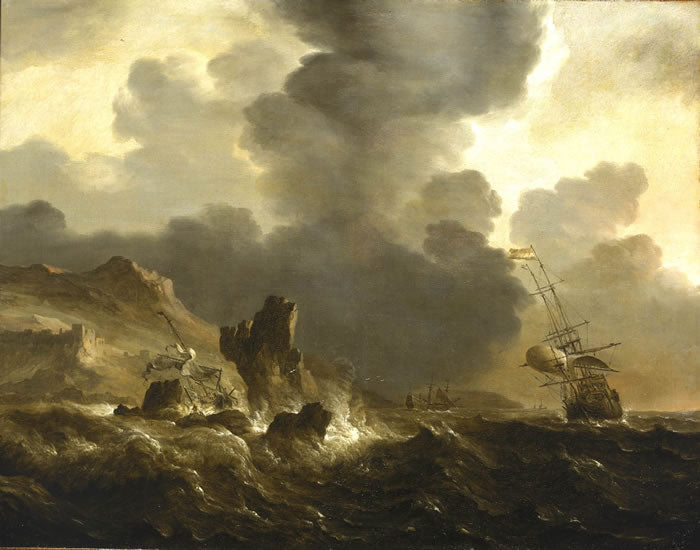 A Dutch Ship Wrecked on a Rocky Coast, vintage artwork by Ludolf Backhuysen, 12x8" (A4) Poster