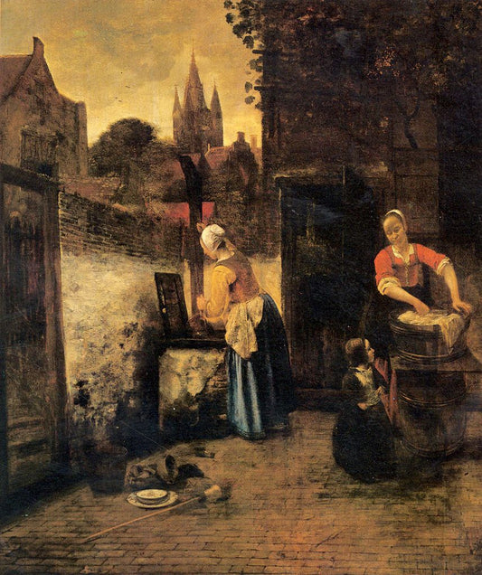 Two women with a child in the yard, vintage artwork by Pieter de Hooch, 12x8" (A4) Poster