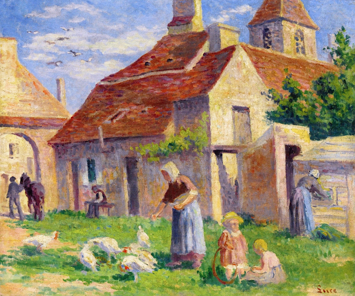 Bessy-sur-Cure, Feeding the Chickens, vintage artwork by Maximilien Luce, 12x8" (A4) Poster