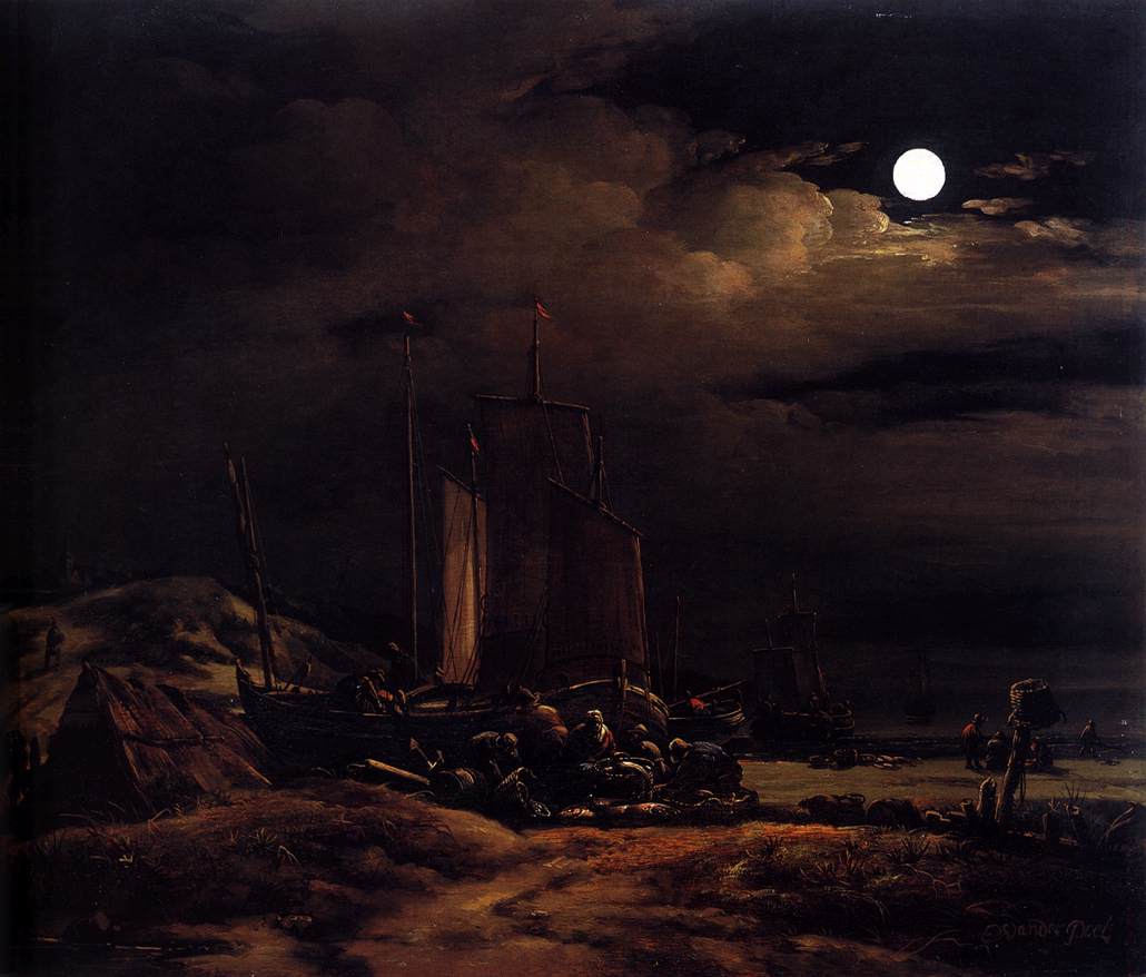Seashore by  Moonlight, vintage artwork by Egbert van der Poel, 12x8" (A4) Poster