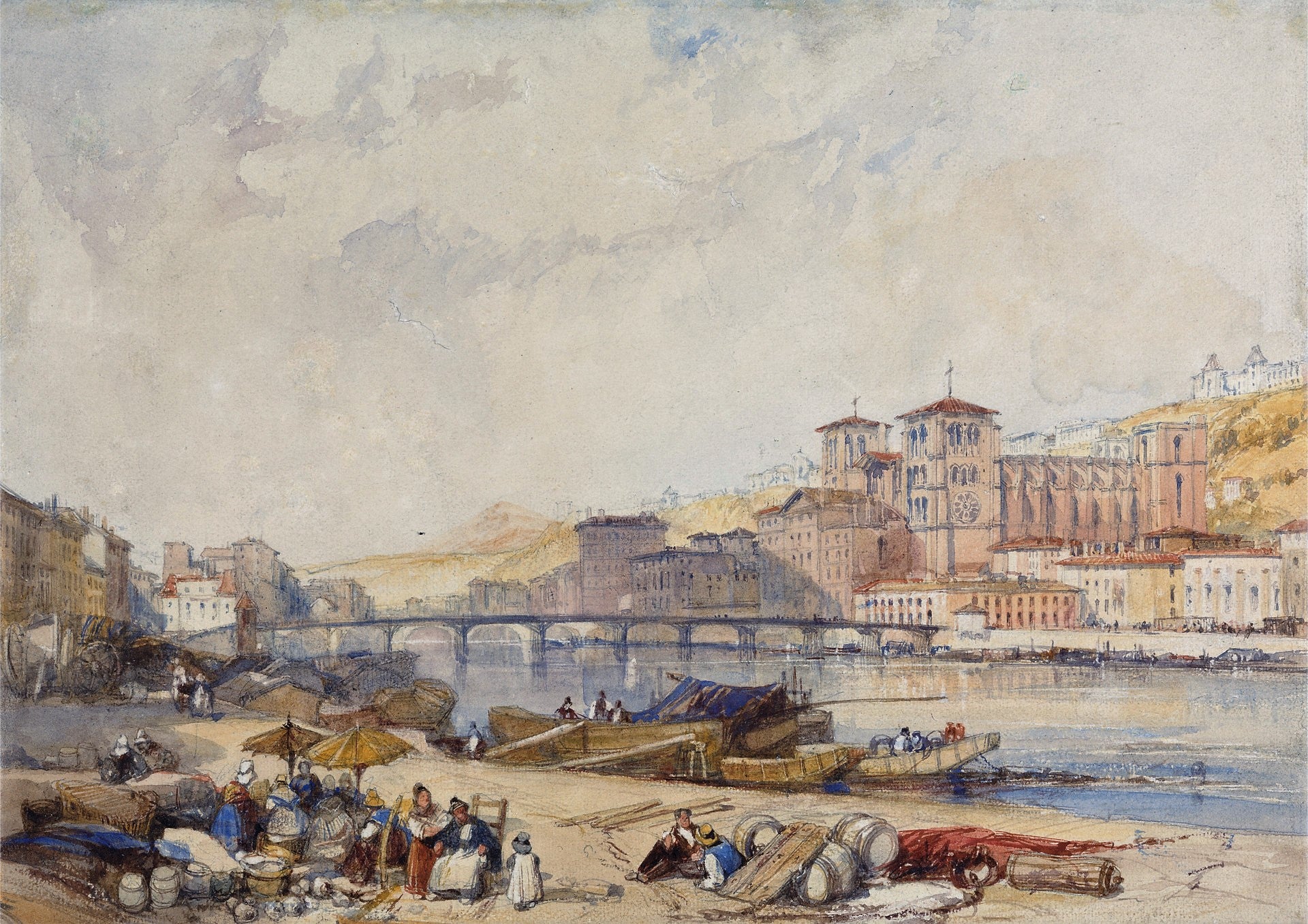 Lyons from Quayside on the Rhone, vintage artwork by James Duffield Harding, A3 (16x12") Poster Print