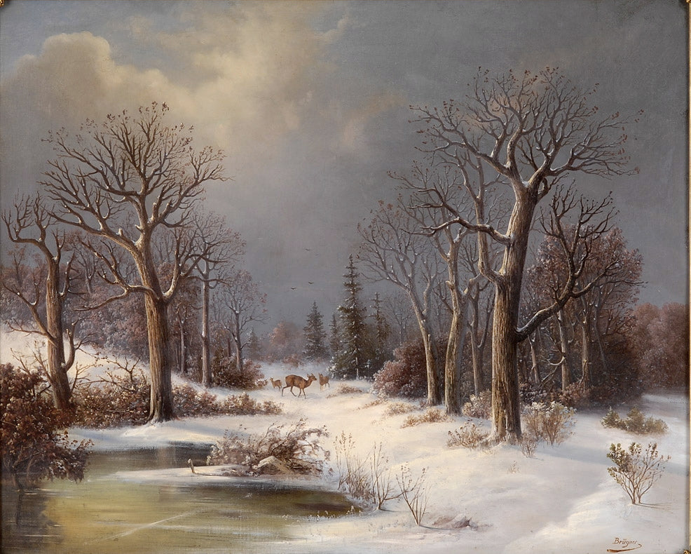 Winter landscape with deer, vintage artwork by Colestin Brügner, 12x8" (A4) Poster